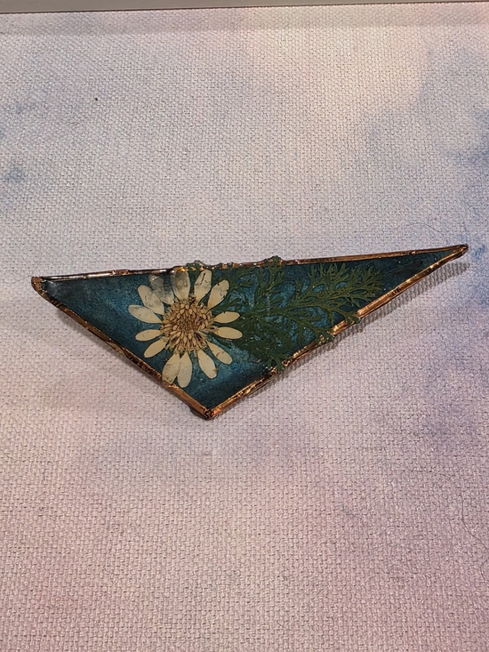 Hand Crafted Jewelry - Triangular Vintage Teal Floral Resin Pin with Pressed Daisy